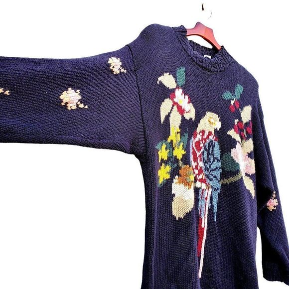 80s Sweater Plus Size Black Knit Parrot Tarazzia Cotton Volup Vintage Hong Kong - Picture 2 of 15